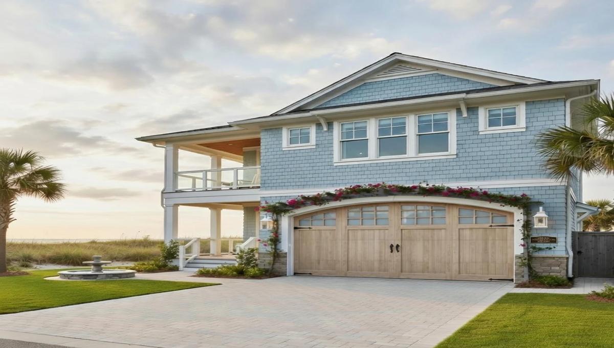 Beach house with coastal carriage-style garage doors installed by Seaside Garage Door